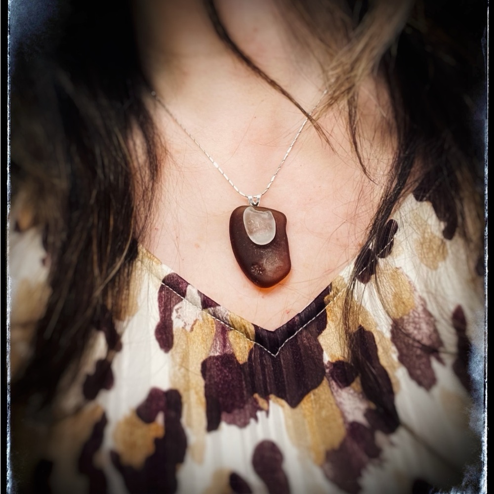Elegant Brown and White Sea Glass Pendant